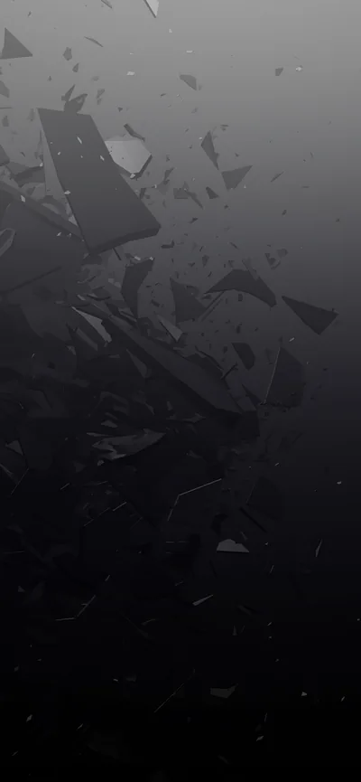 Broken glass hangs suspended in grey haze, the largest shards clustered near the top left while the lower third stays almost black.