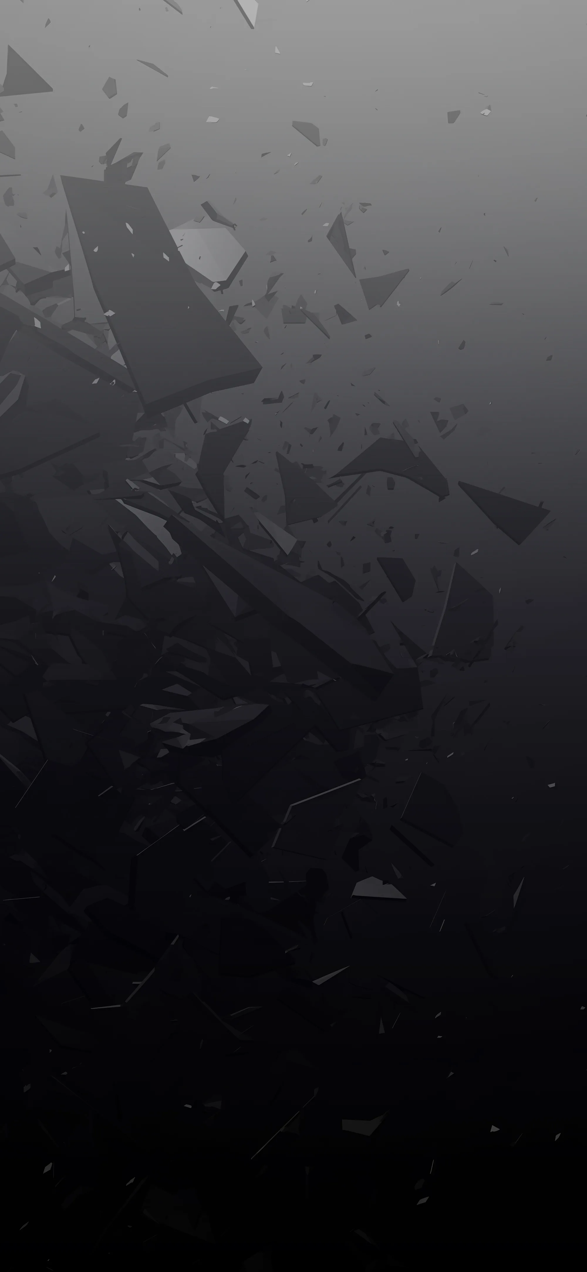 Broken glass hangs suspended in grey haze, the largest shards clustered near the top left while the lower third stays almost black.