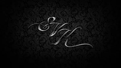 Polished chrome initials sweep in long calligraphic strokes across the centre, the damask ground behind them fading to black well before the corners.