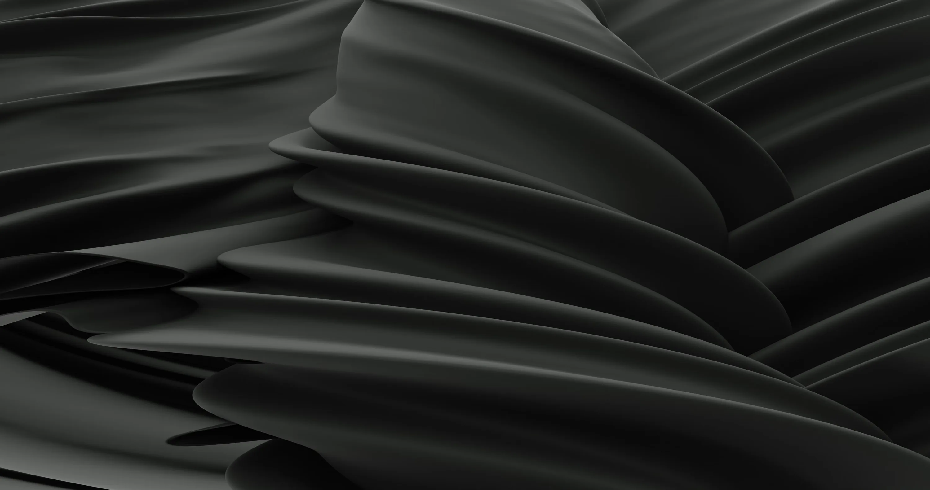 Sheets of matte black material fan out from the right in overlapping blades, each edge separated only by a thin band of grey.