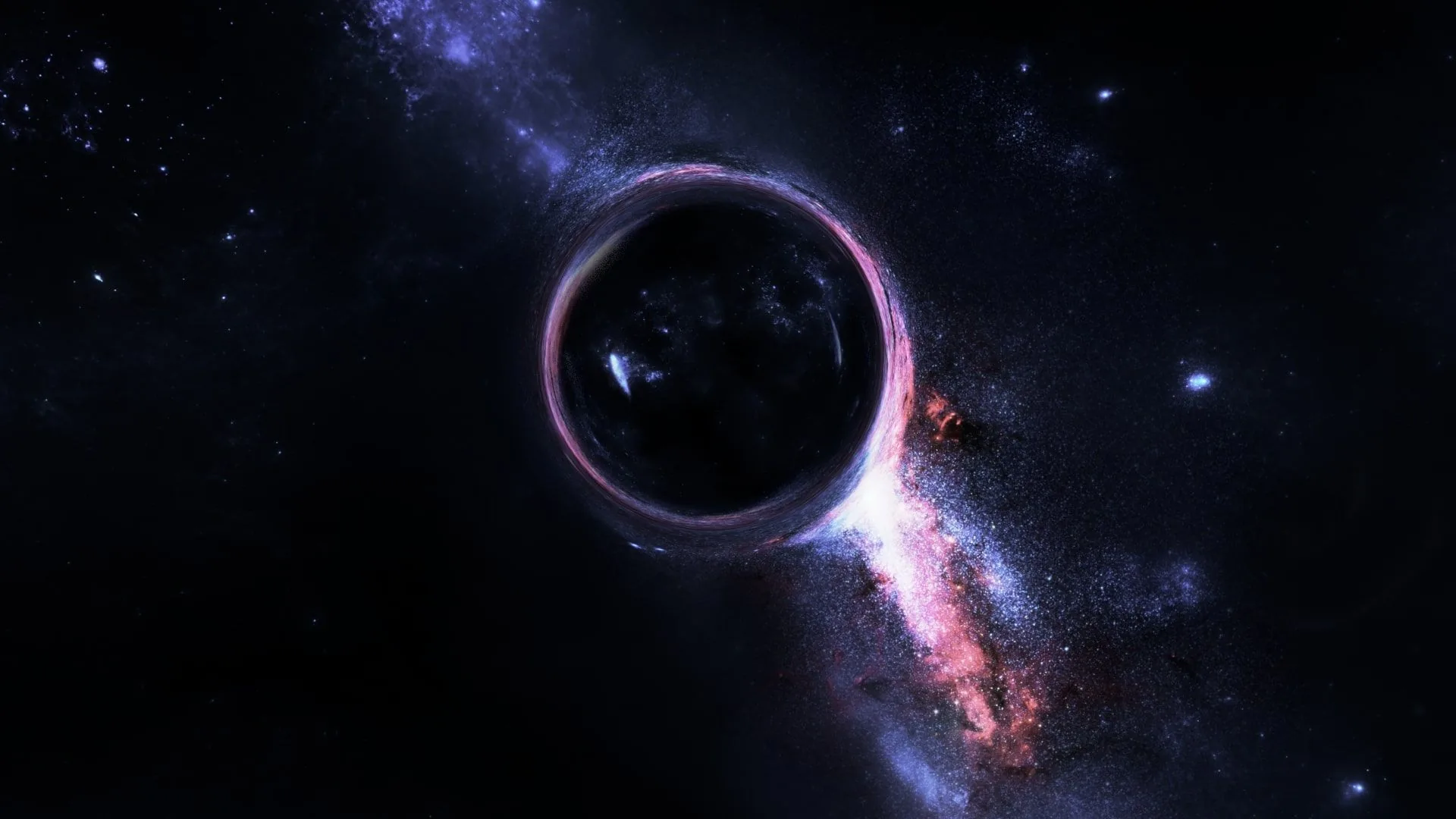 A dark sphere sits mid-frame with a thin ring of warped light around its rim, violet gas and dust smeared across the space behind it.