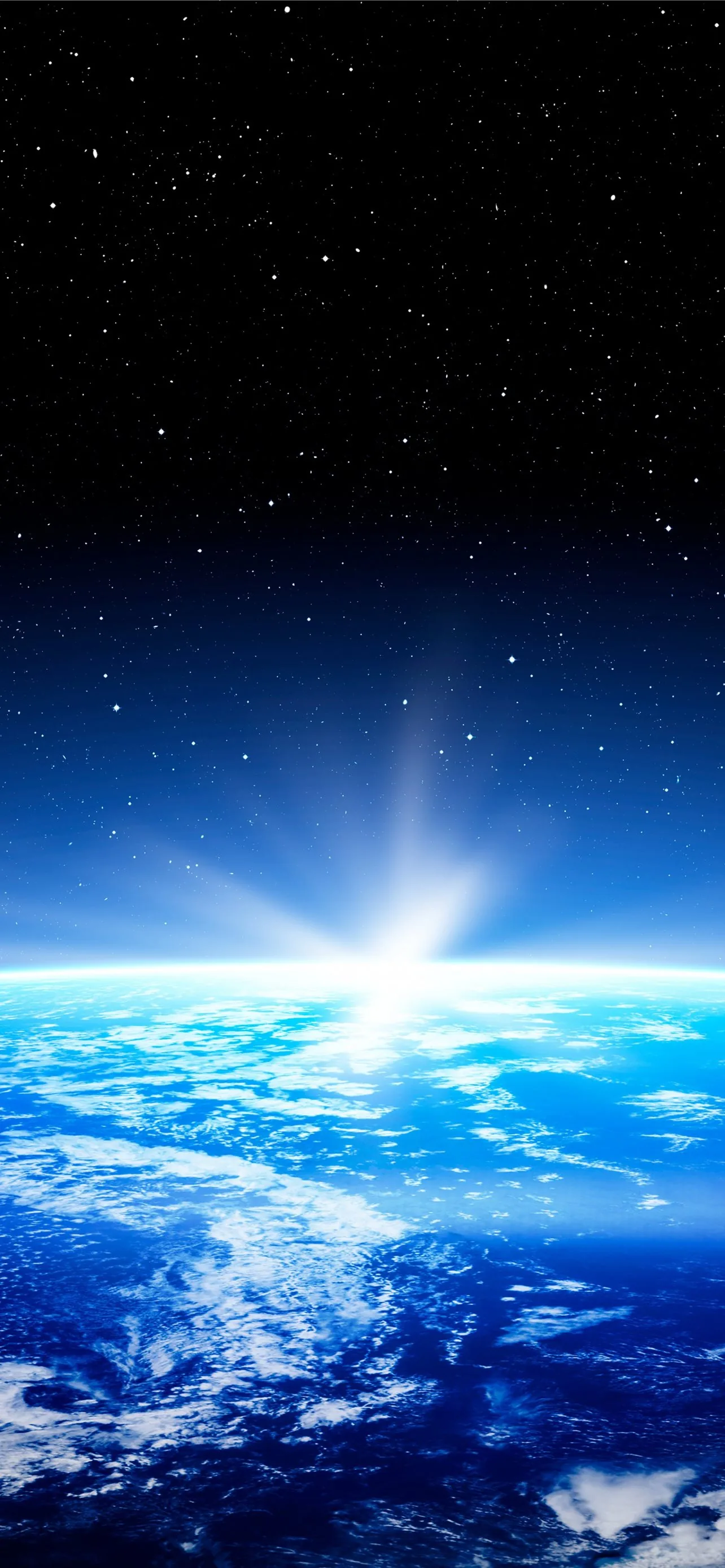 A four-point star flare breaks at the horizon mid-screen, blue cloud tops rolling below it and a starry sky fading to black where the clock sits.