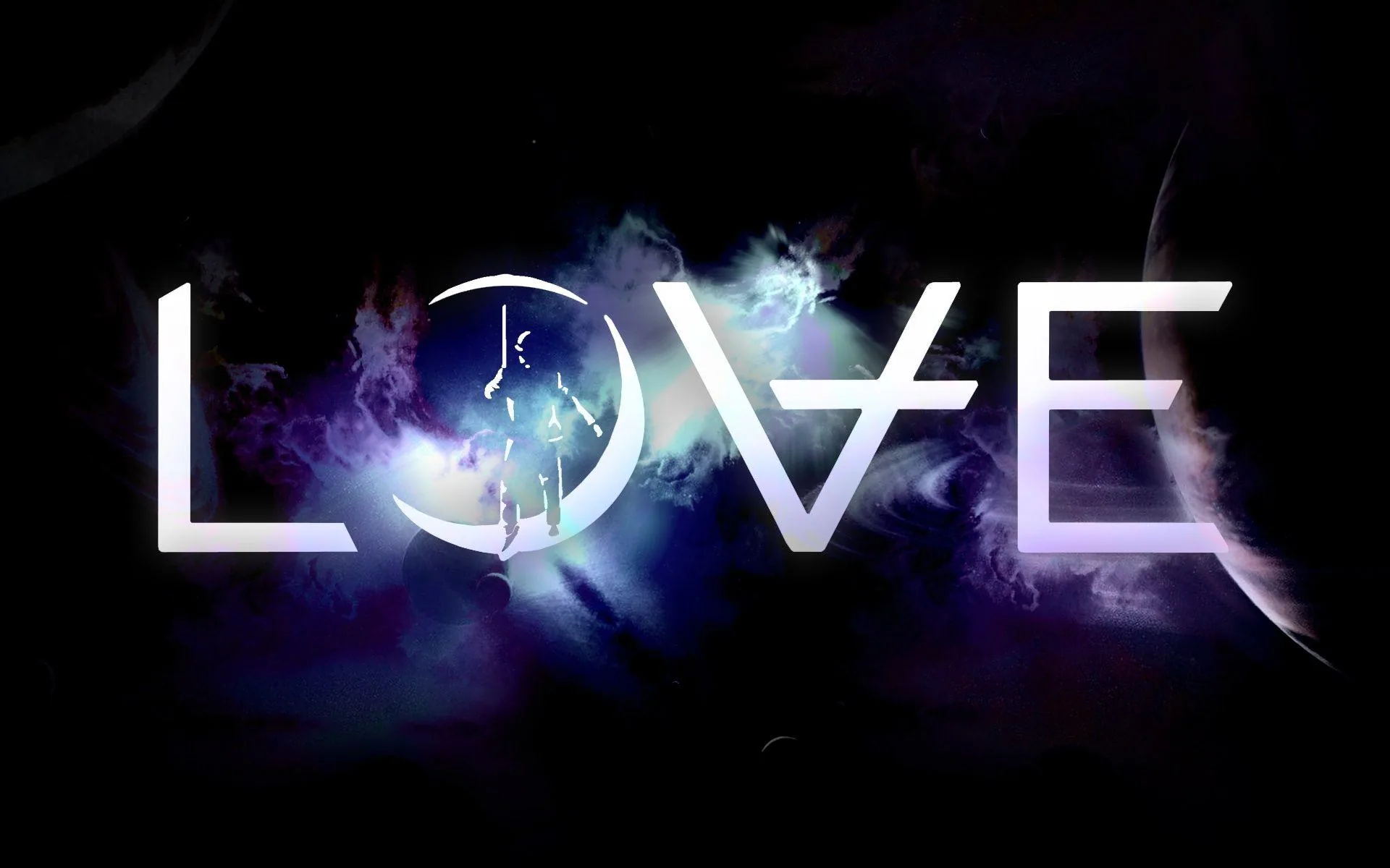 Metallic capitals spelling LOVE with the O drawn as a ring, blue and violet smoke curling through and behind the word.