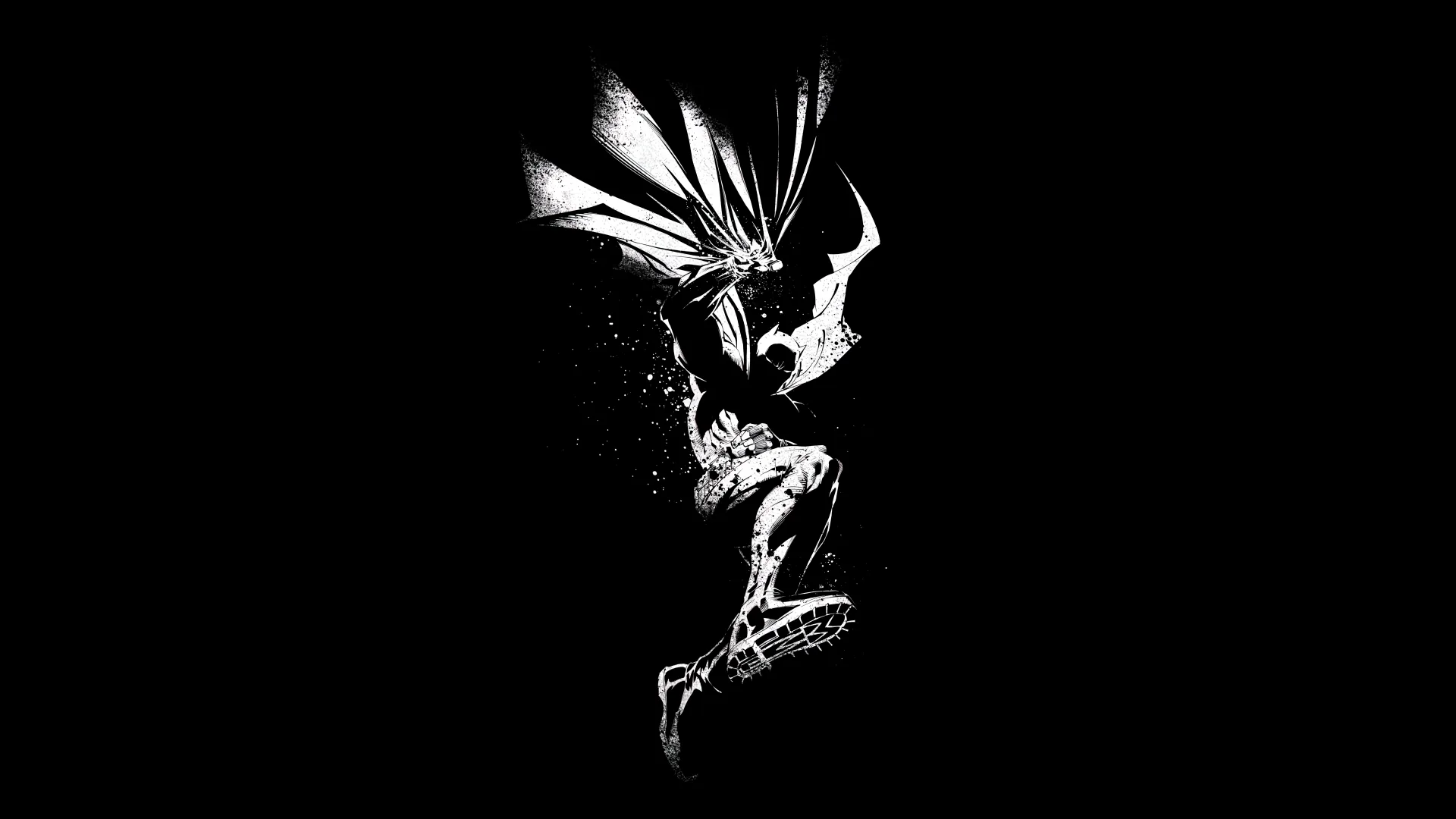 The Dark Knight sketched in rough white brushstrokes, cape splintering into flecks against solid black.