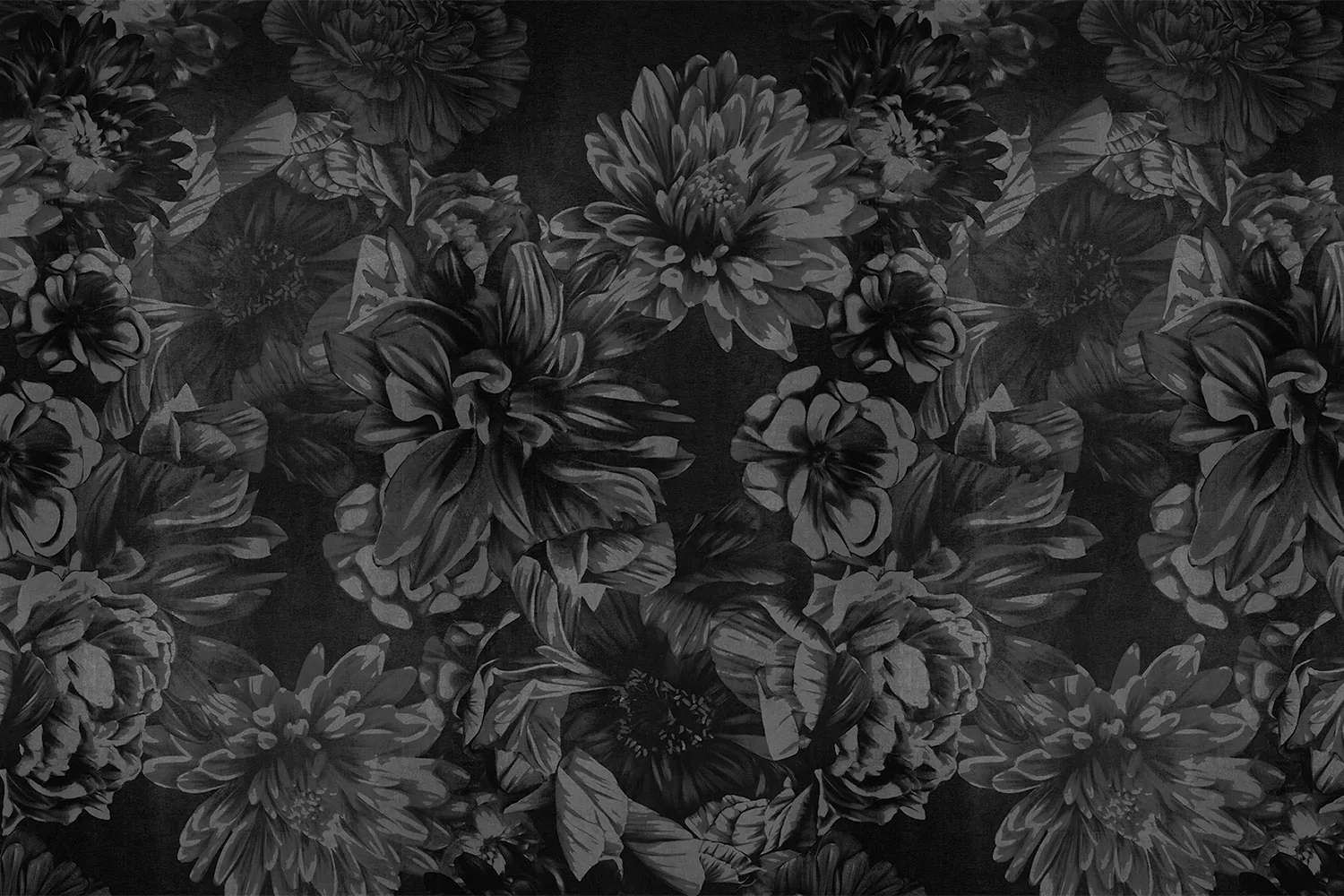 Full dahlia and peony heads overlap in dark greys, painted so the petal edges glow faintly while the leaves behind them drop away.