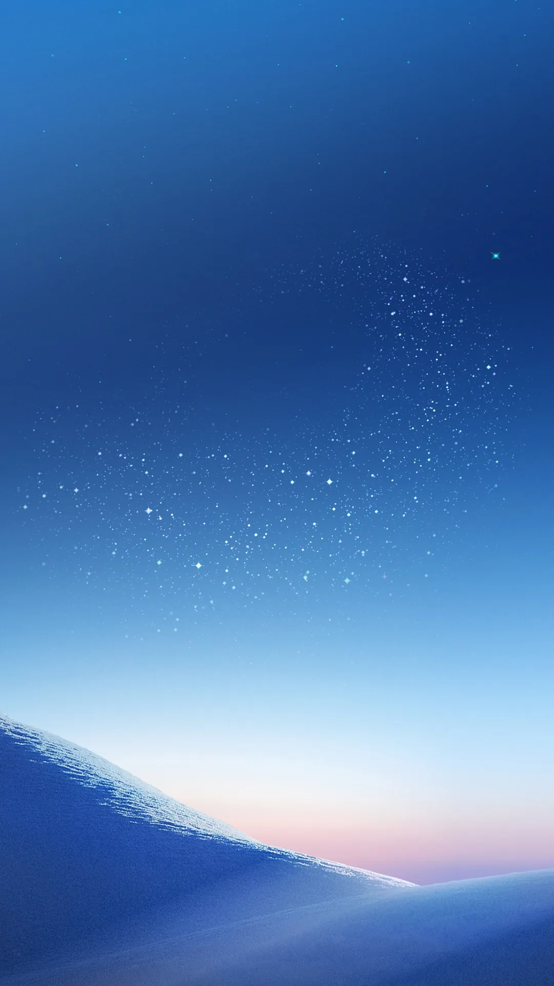 Faint stars scatter over a deep blue sky above a smooth dune ridge, a peach glow on the right horizon; the upper half stays clear for the clock.