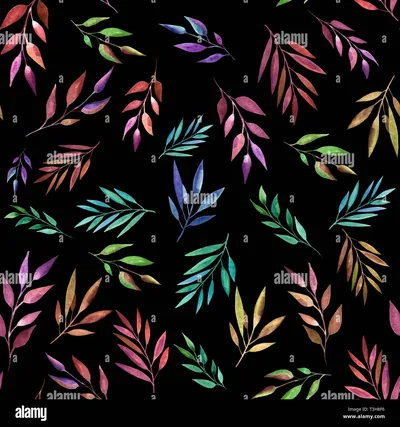 Small leafy sprigs painted in pink, teal, gold and violet drift across solid black, each stem loose and slightly transparent.