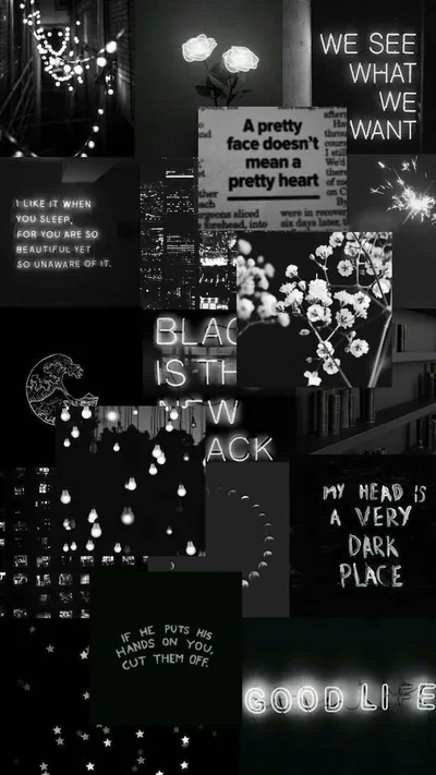 Torn quotes, film stills and strings of tiny lights layered in high-contrast black and white, with the line my head is a very dark place near the bottom.