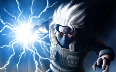 Kakashi of Naruto braces as blue lightning erupts from his raised hand, the crackling light sitting far left so the right side of the frame stays dark.