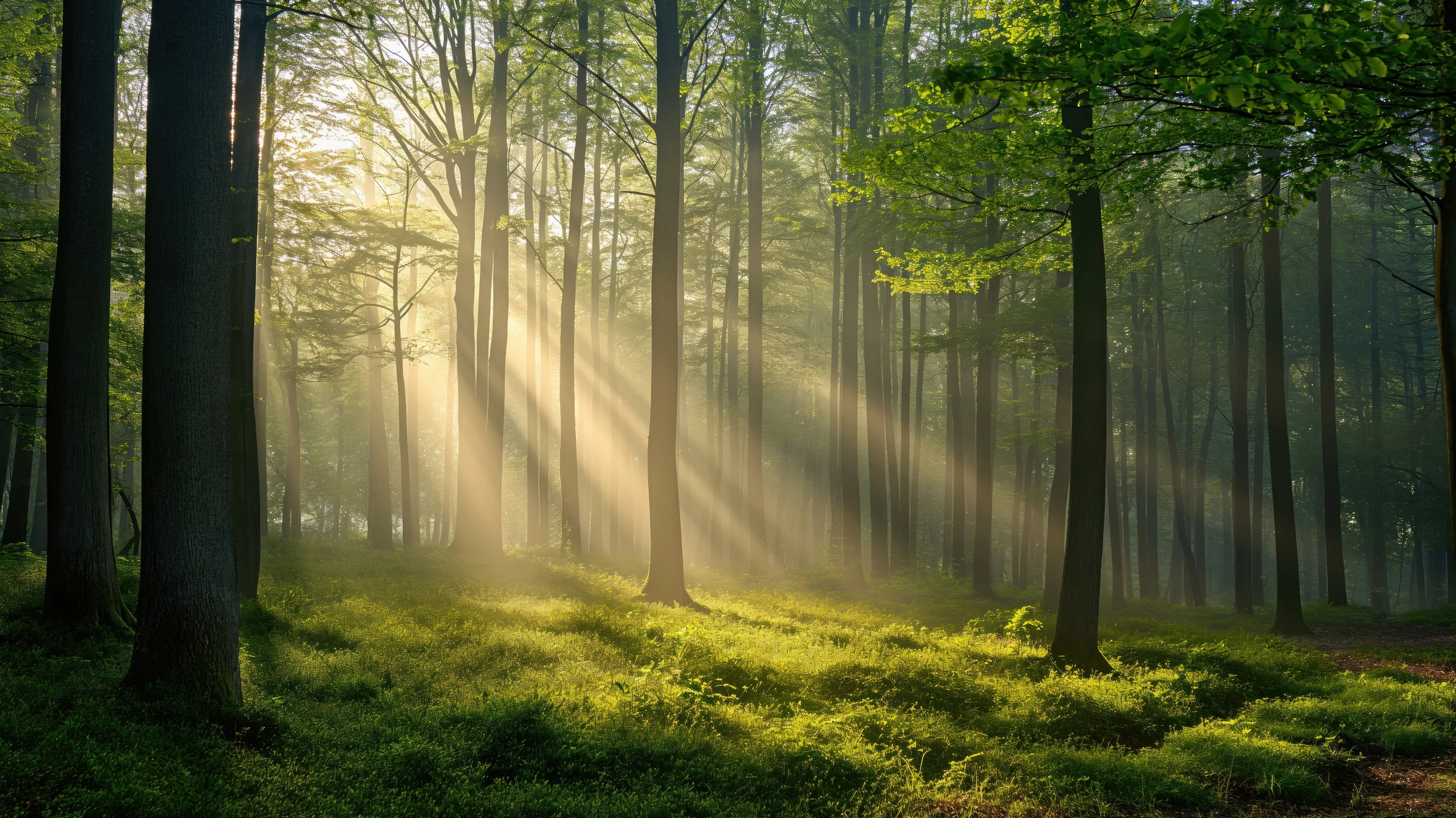 Morning sun breaks through beech trunks in wide diagonal rays, lighting the mossy floor at centre while both edges of the frame stay in shade.