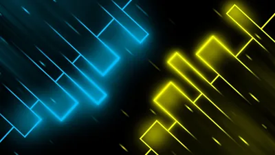 Two slanted stacks of glowing bars climb the frame from opposite corners, cyan on the left and yellow on the right, with black holding the middle.