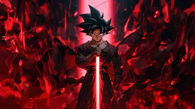 A black-haired fighter holds a red energy blade in front of him while crimson aura churns across the whole background.