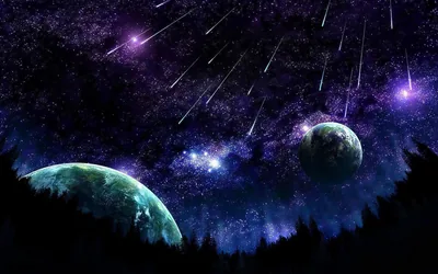 Long meteor trails rain down a violet sky while two planets hang above a black treeline that runs along the bottom edge.