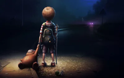 Distant headlights glow far up the road ahead of a CGI child leaning on a crutch, his teddy bear slumped at the lower left of the frame.