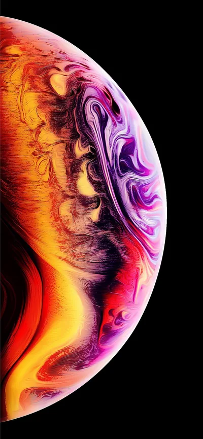 A marbled planet edge swirls in orange, magenta and violet ink patterns on pure black, its dark upper corner leaving room for the status bar.