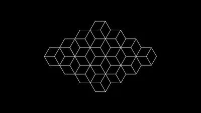 A diamond-shaped cluster of outlined cubes in thin white line work on black, stacked so the eye keeps flipping which face sits in front.
