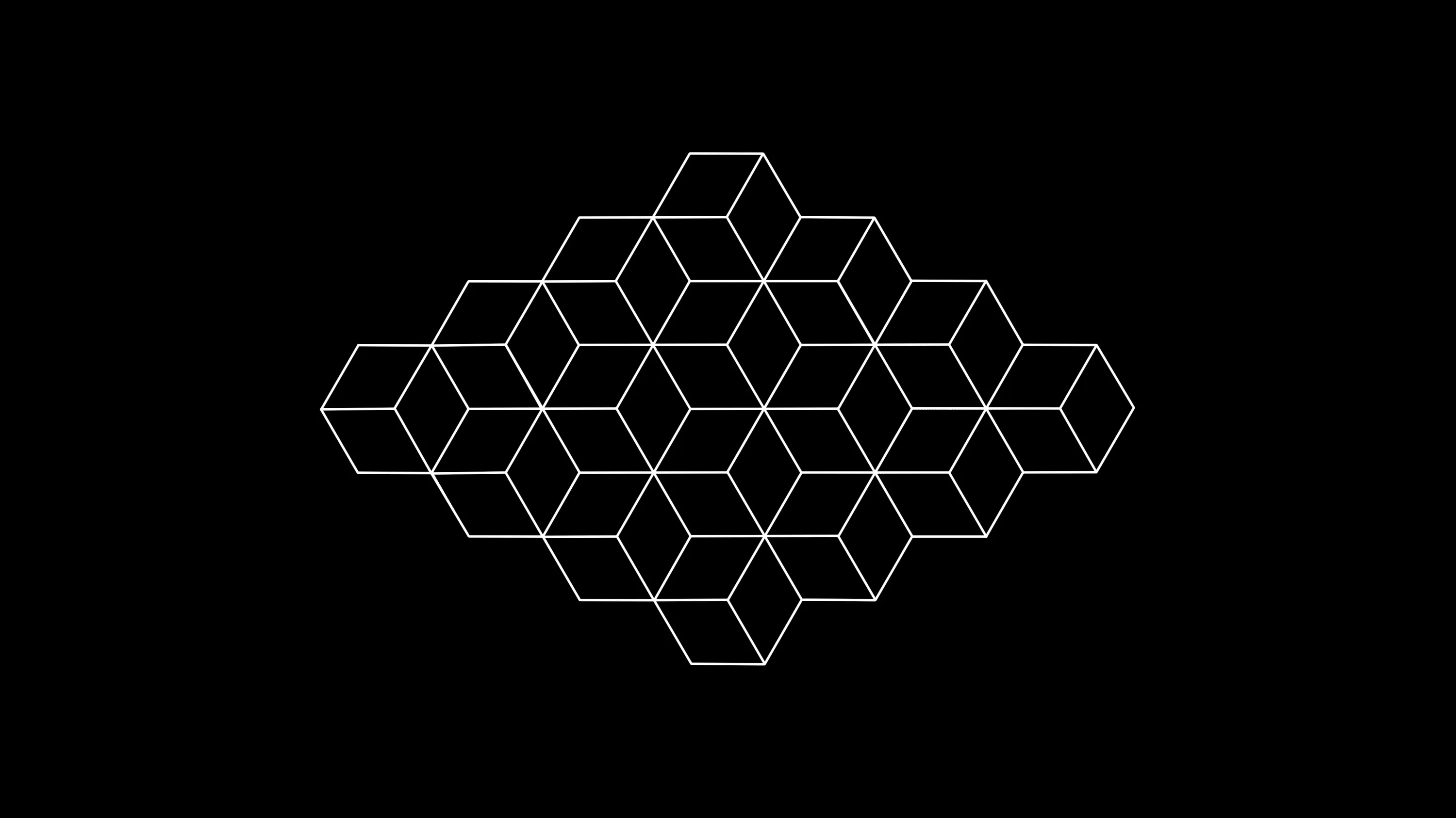 A diamond-shaped cluster of outlined cubes in thin white line work on black, stacked so the eye keeps flipping which face sits in front.