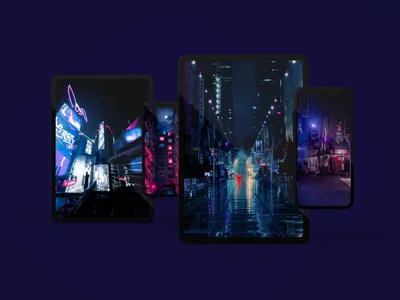 Four tilted phone screens preview rainy neon street scenes against a plain violet backdrop, arranged like a storefront display.