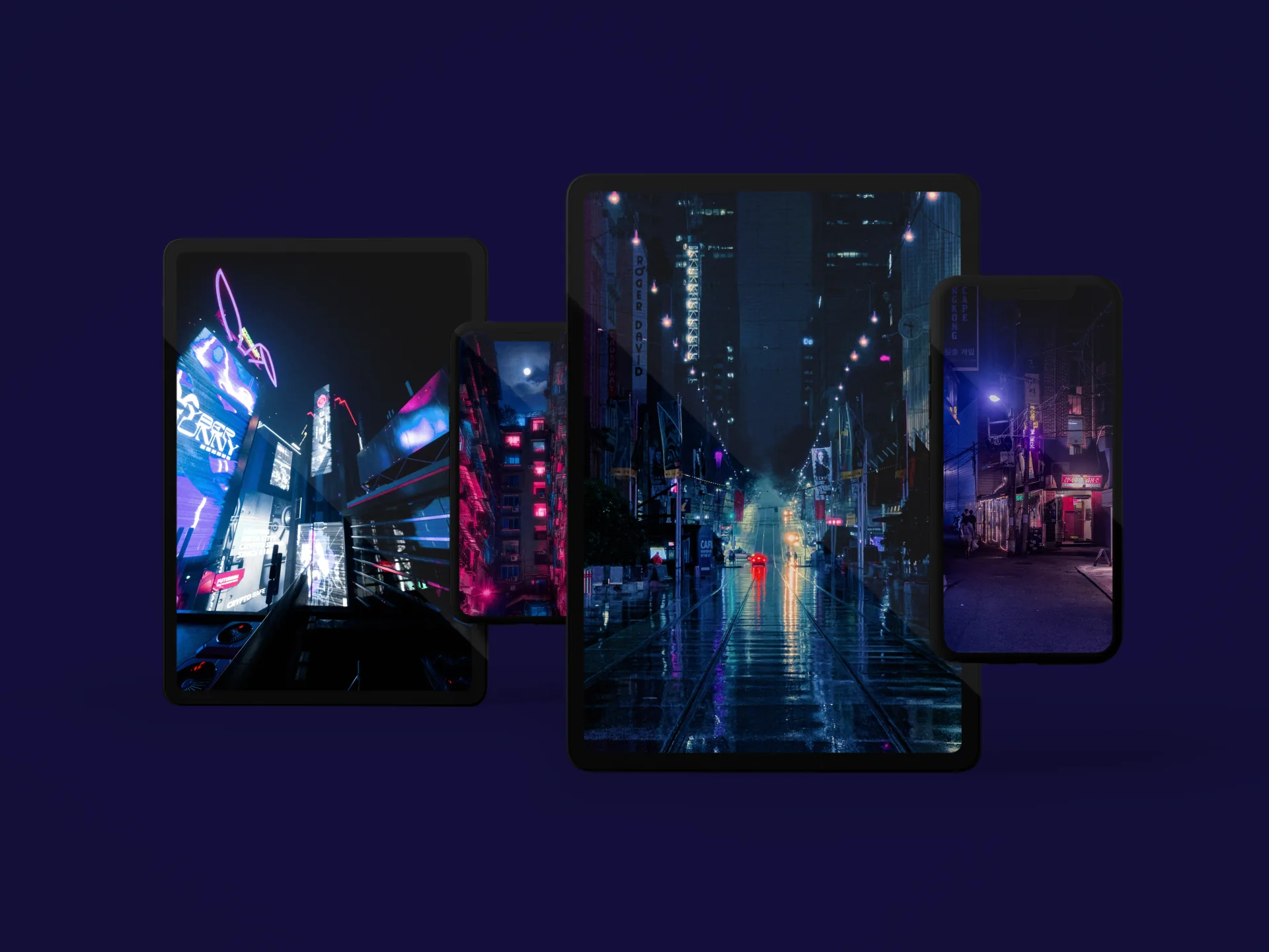 Four tilted phone screens preview rainy neon street scenes against a plain violet backdrop, arranged like a storefront display.