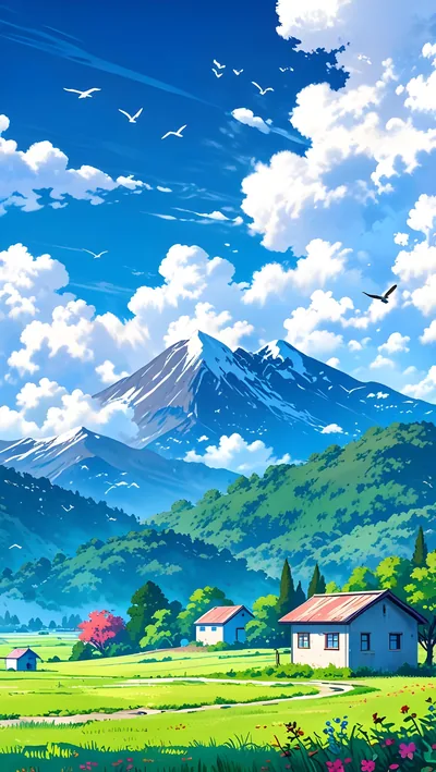 A small red-roofed house sits in green fields below a snow-topped peak, birds crossing a blue sky stacked with soft cumulus.