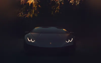 Almost nothing but black — a Lamborghini's daytime running lamps and a thin gleam along the bonnet edge, with the last of a sunset caught in the trees above.