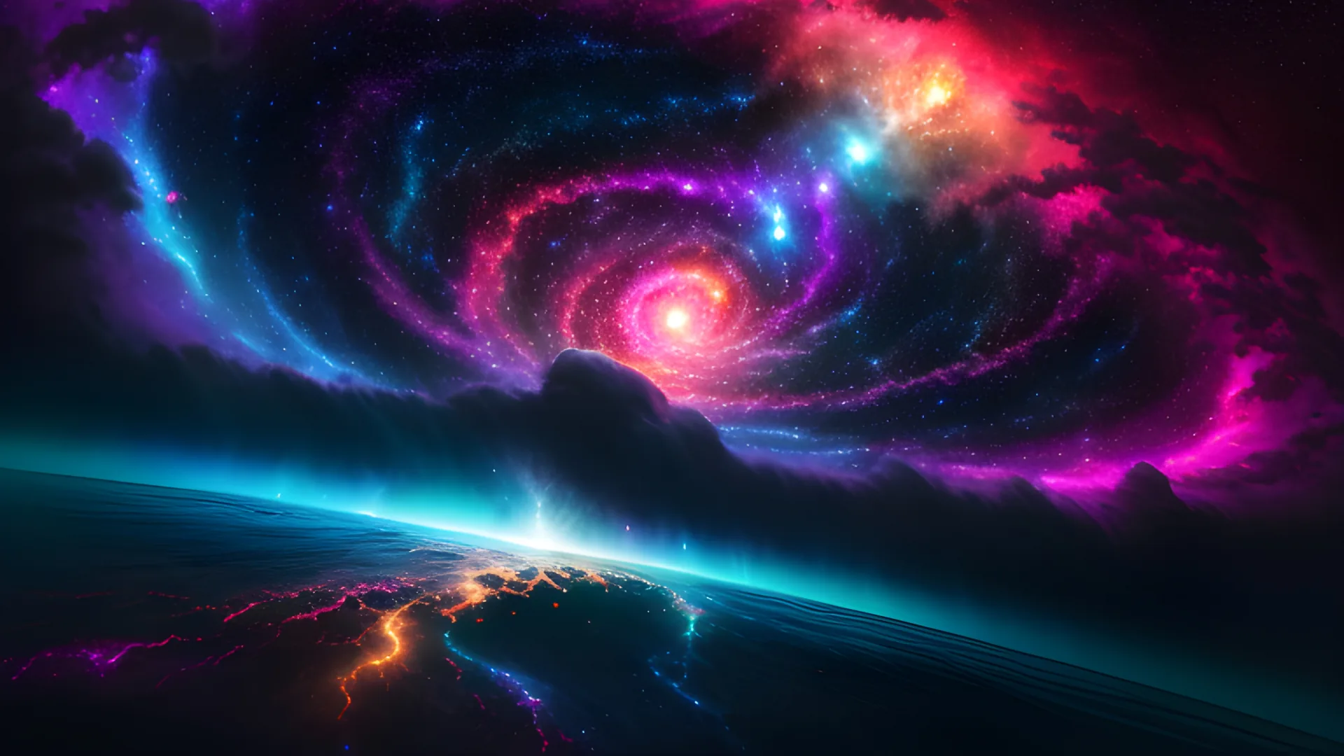 A CGI spiral of magenta and cyan light spins overhead while the curved rim of a planet glows along the bottom of the frame.