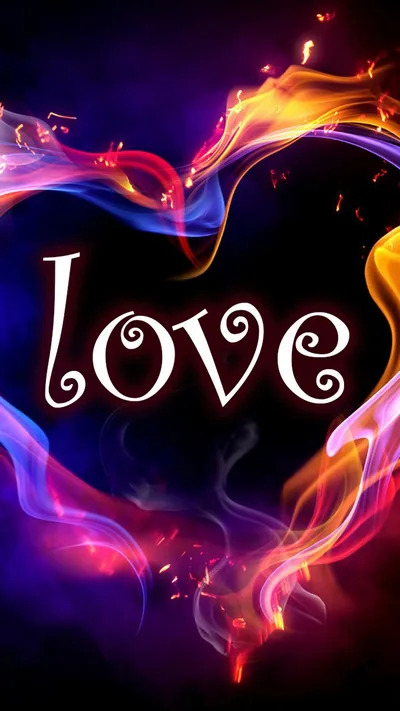 Ribbons of pink and orange smoke curl into a heart outline on black, with the word love in a white script across the middle.