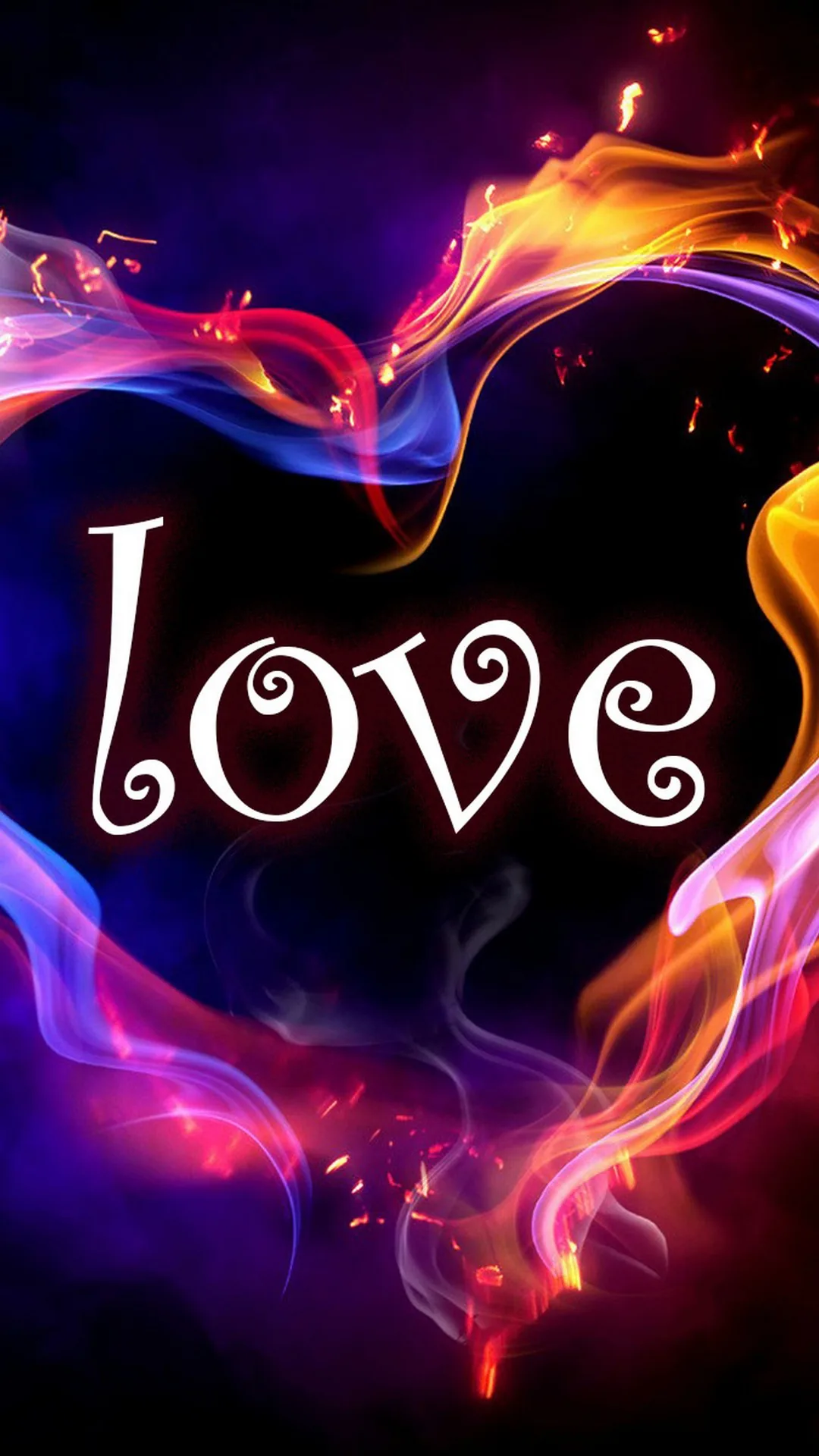 Ribbons of pink and orange smoke curl into a heart outline on black, with the word love in a white script across the middle.