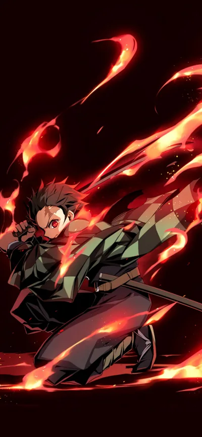 Tanjiro crouches with his katana as red flames tear across a dark maroon field, his checkered haori catching the light of the fire.