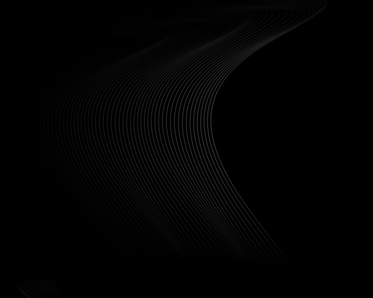 Dozens of hair-thin grey lines bend into a single wave across the left half of a black field, the right side left completely empty.