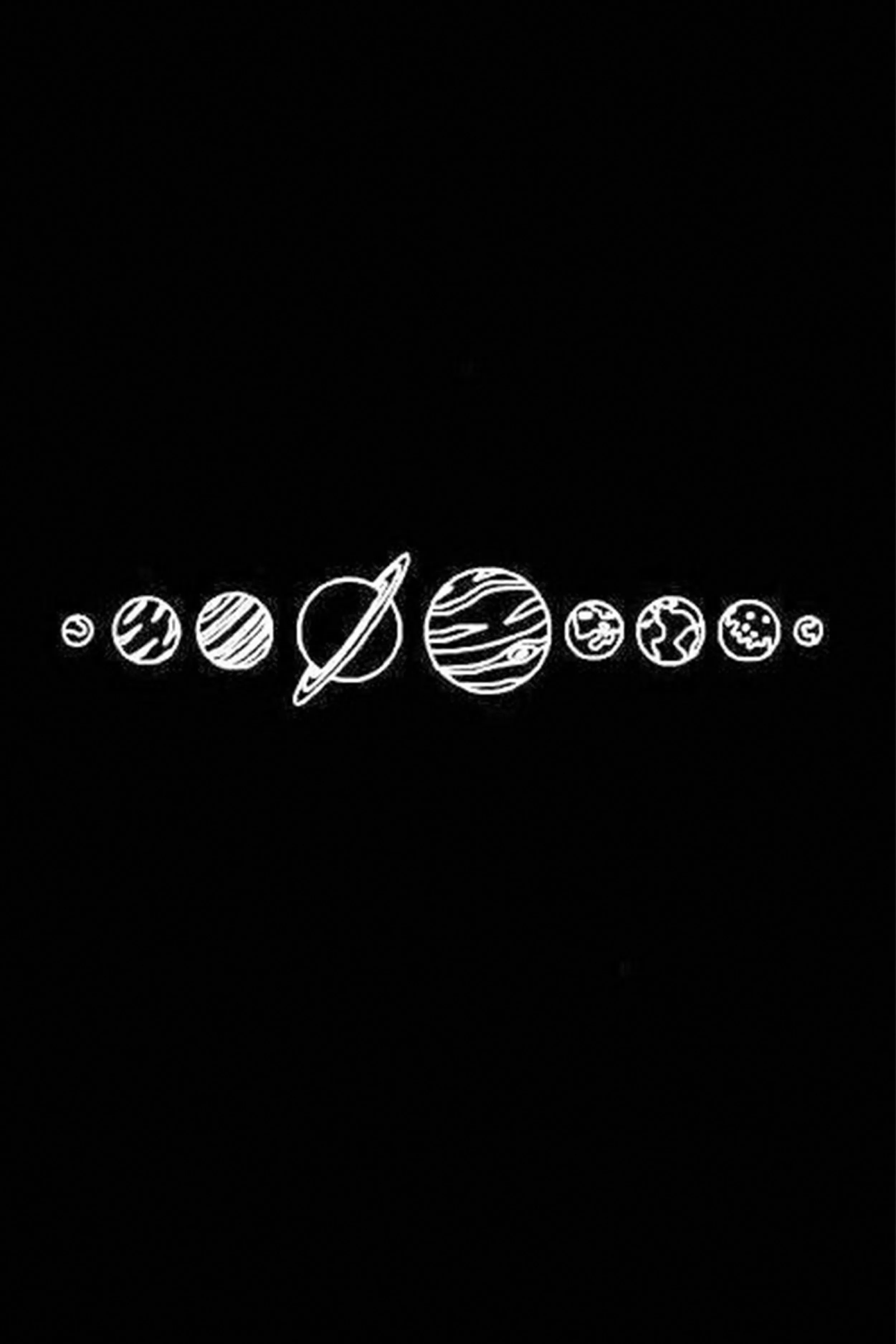 All the planets sketched in chalk-white ink and lined up across the middle, Jupiter and Saturn largest at the centre.