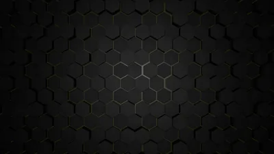 Rows of 3D hexagon tiles tilt at slightly different angles, thin amber light leaking along the seams near the middle and dying out toward the dark edges.