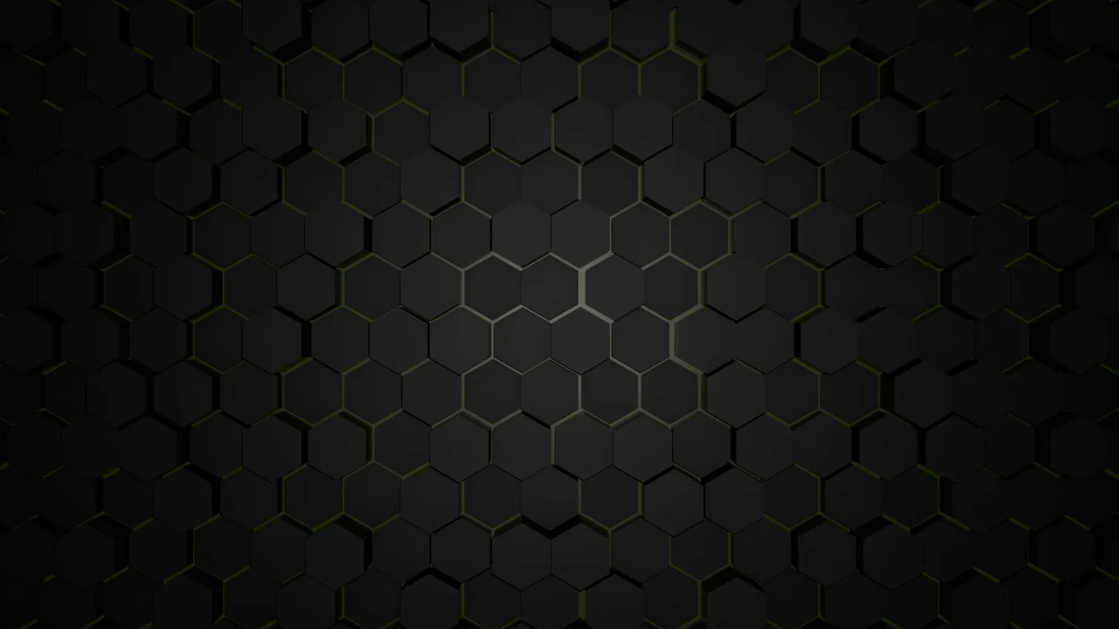 Rows of 3D hexagon tiles tilt at slightly different angles, thin amber light leaking along the seams near the middle and dying out toward the dark edges.