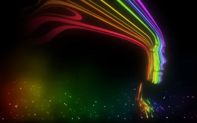 Neon lines in red, green, blue and violet trace a face in profile across the upper frame, the strands trailing off into scattered specks of colour below.