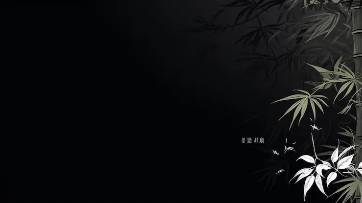 Grey ink bamboo hangs into the frame from the right edge, a few small pale characters floating mid-frame; the left two-thirds stays near black.