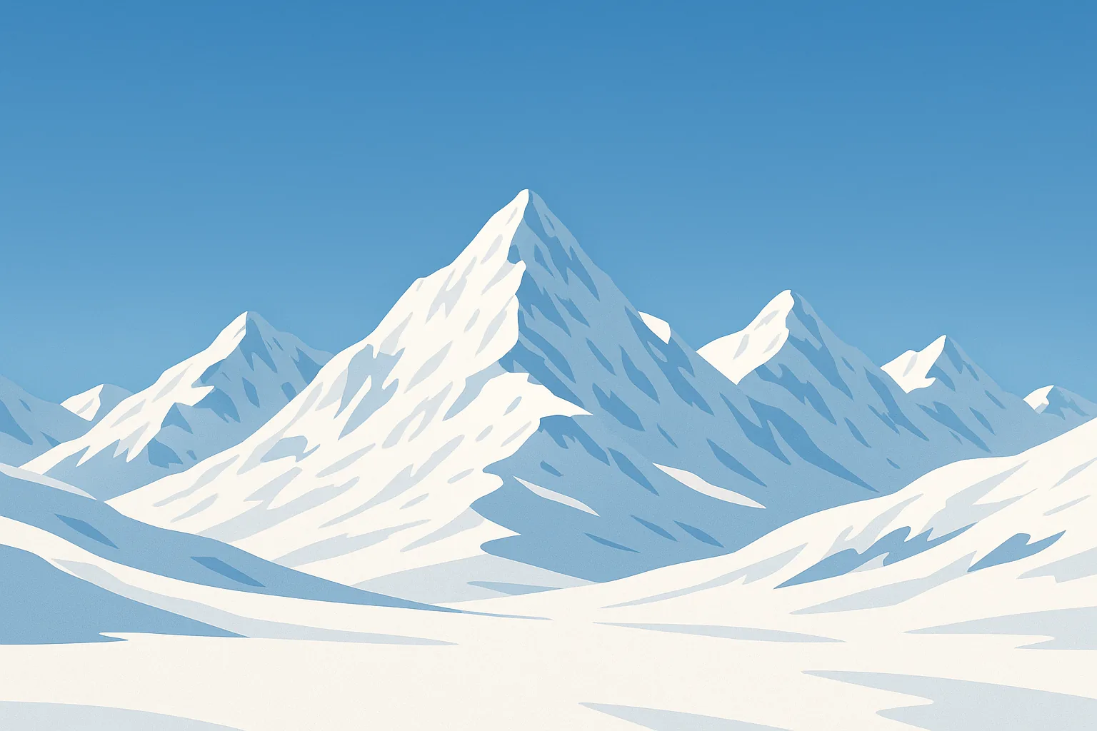 A clean vector scene of white peaks under a cloudless blue sky, drawn in soft flat shapes with plenty of open sky up top.