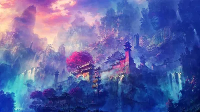 Pagoda roofs and a pink tree emerge from mist halfway up a wall of purple-blue cliffs, waterfalls threading down through the haze.