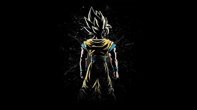 Goku stands with his back turned in front of a burst of black paint spatter, his orange gi reduced to a few dim highlights.