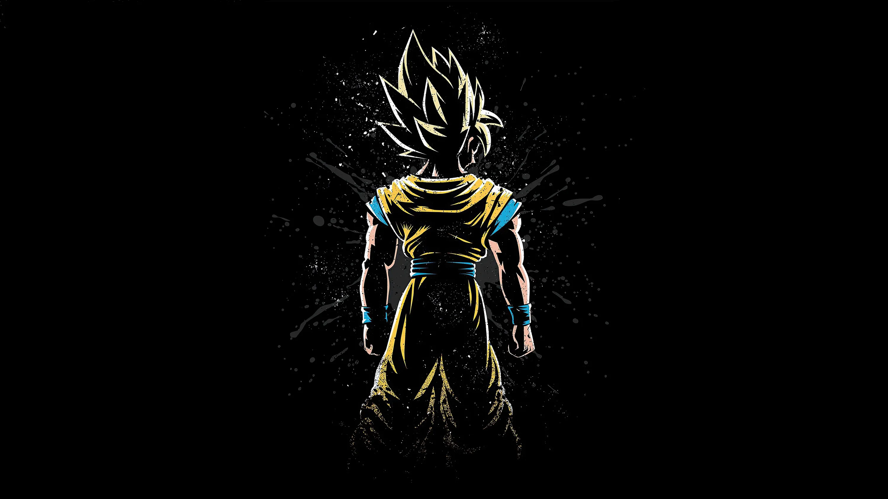 Goku stands with his back turned in front of a burst of black paint spatter, his orange gi reduced to a few dim highlights.