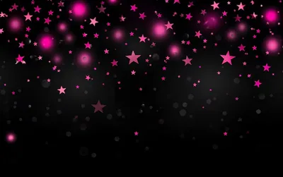 Magenta stars and soft round bokeh fall from the top edge and thin out toward the bottom, where the black is left almost bare.