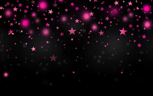 Magenta stars and soft round bokeh fall from the top edge and thin out toward the bottom, where the black is left almost bare.