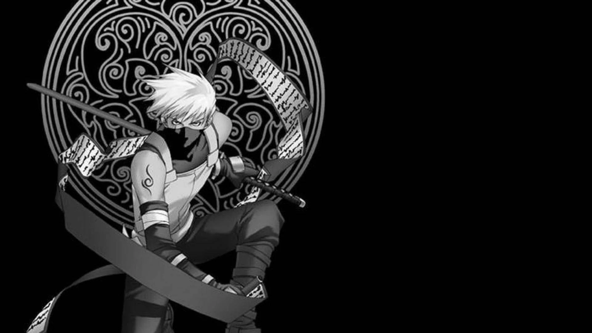 A monochrome figure hunches with a blade over his shoulder in front of a filigree ring, the right two-thirds of the frame kept empty and black.