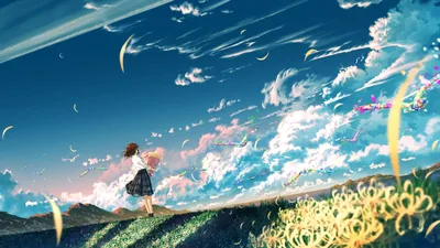A schoolgirl steadies herself on a hillside of yellow blooms as petals tear past, contrails crossing the huge blue sky that fills the top half.