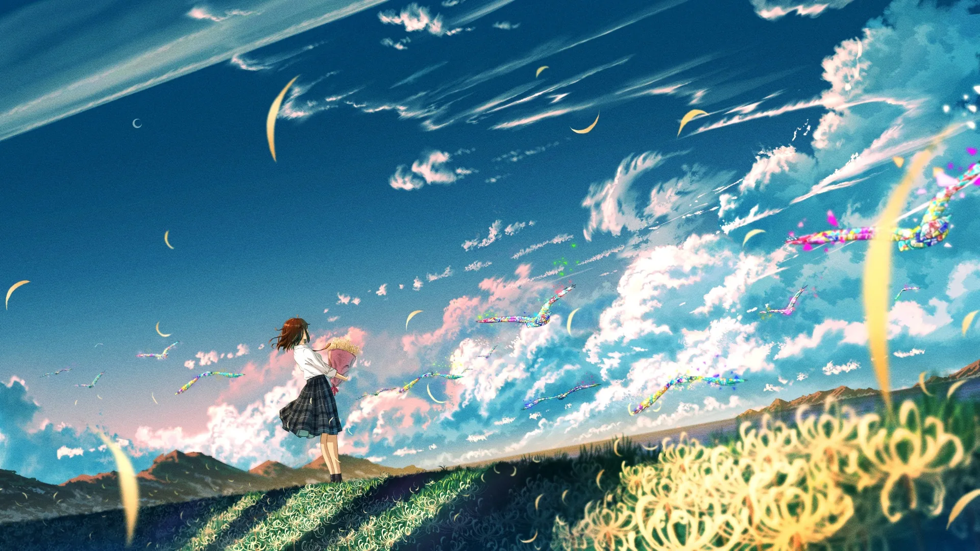 A schoolgirl steadies herself on a hillside of yellow blooms as petals tear past, contrails crossing the huge blue sky that fills the top half.