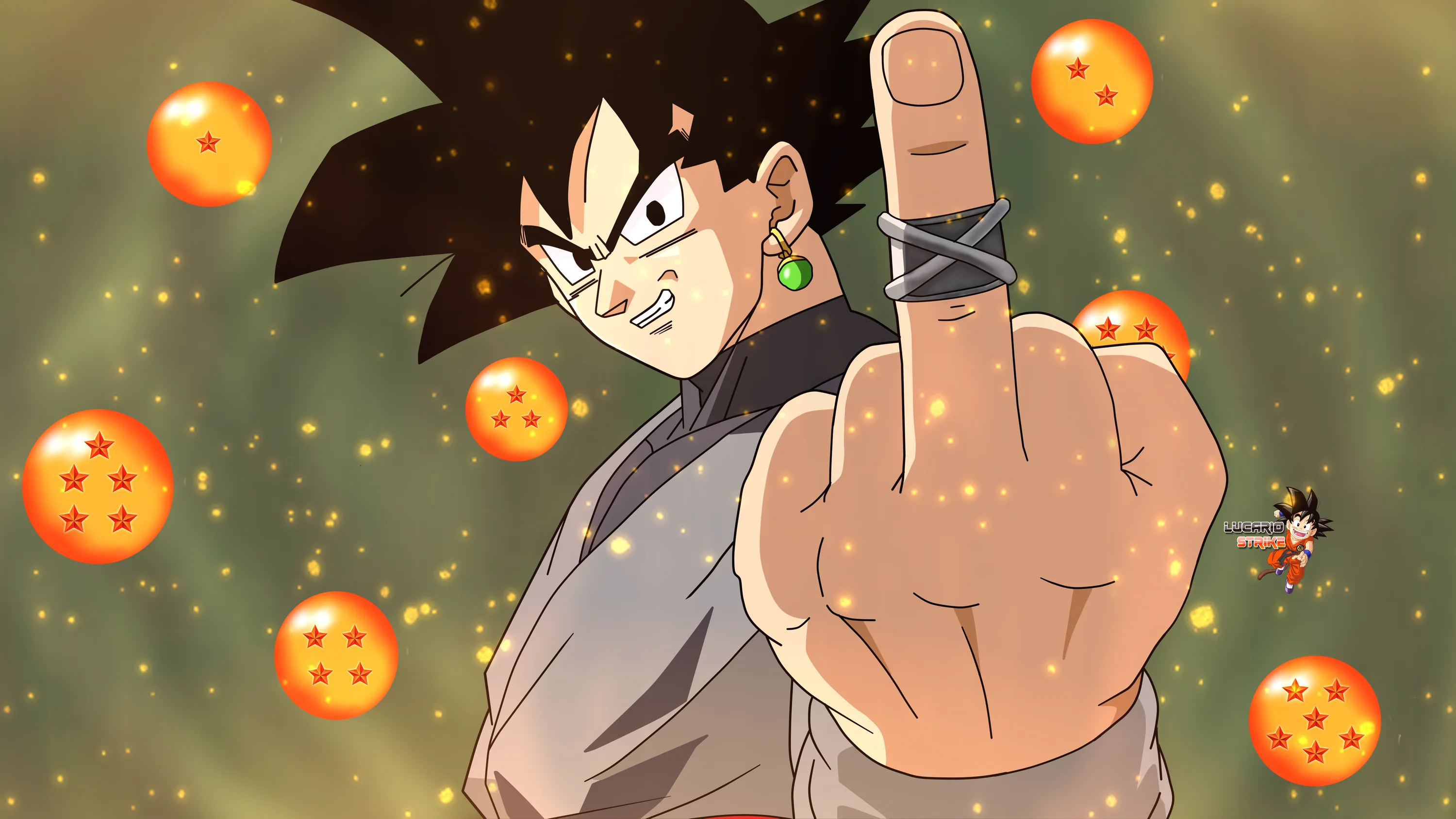 Goku Black raises a wrapped middle finger at the viewer while the seven Dragon Balls float through a green haze, a tiny second figure hovering far right.