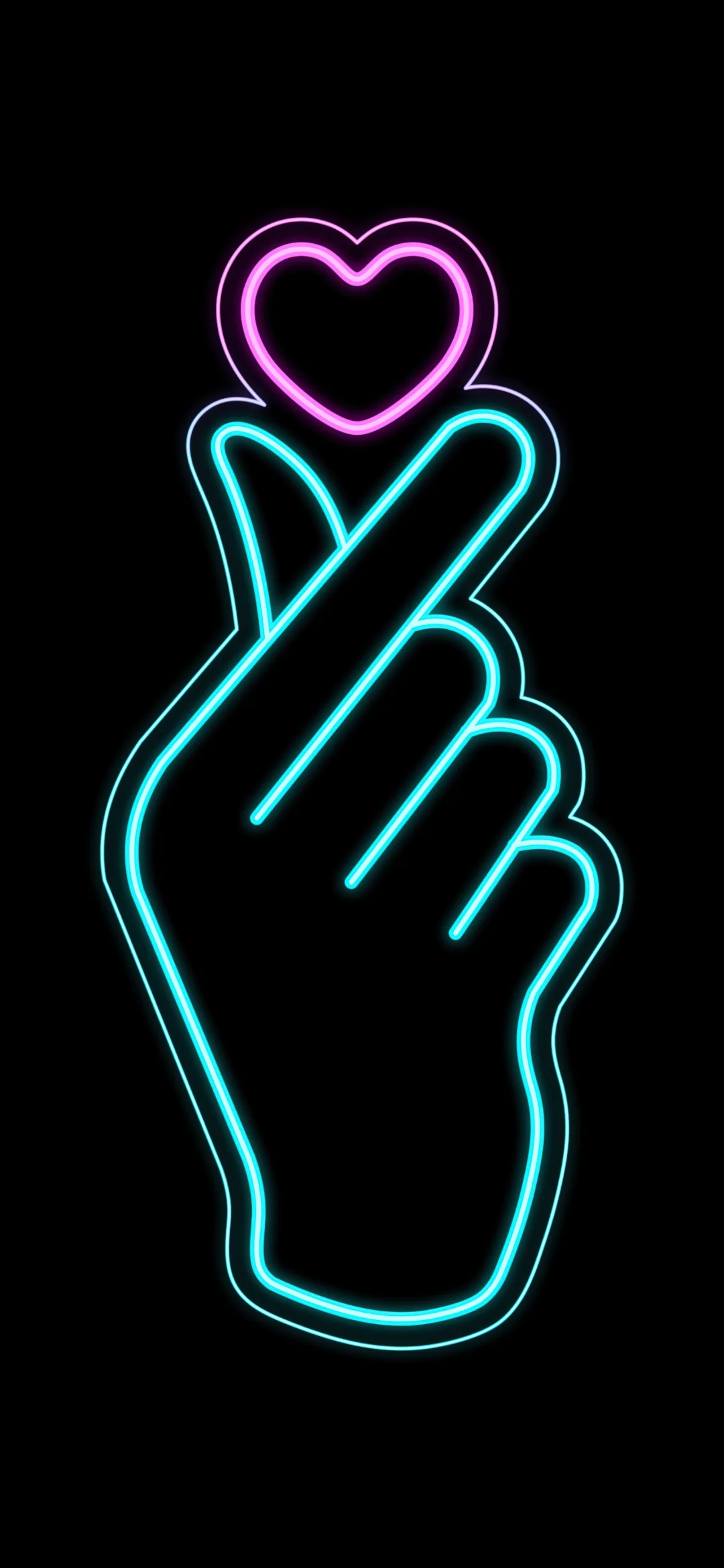 A hand drawn in cyan neon makes the Korean finger heart, a small pink heart glowing just above the fingertips on black.