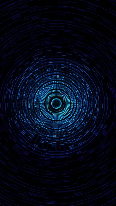 Concentric rings of small blue code fragments spin around a dark hub at the centre, fading out before they reach the black corners.