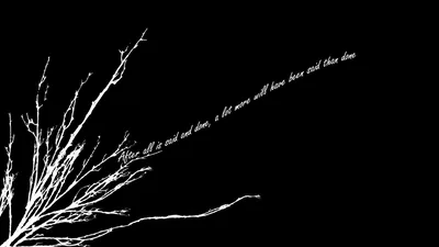 Bare white branches spread from the left edge across solid black, a line of thin handwritten script running through the empty space beside them.