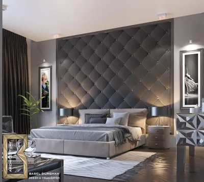 Rendered bedroom with a diamond-tufted charcoal wall running floor to ceiling, lit by matching sconces on either side of the bed.