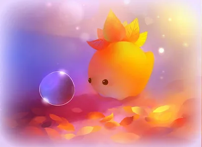 A glowing pumpkin coloured sprite with a leaf crown studies a soap bubble amid scattered petals, warm bokeh light drifting in from the top right corner.